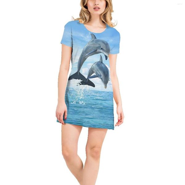 Abiti casual Pittura a olio di mare Paesaggio Stampa completa T-shirt da donna Gonna Estate Cotone O-Collo Abito a maniche corte di media lunghezza