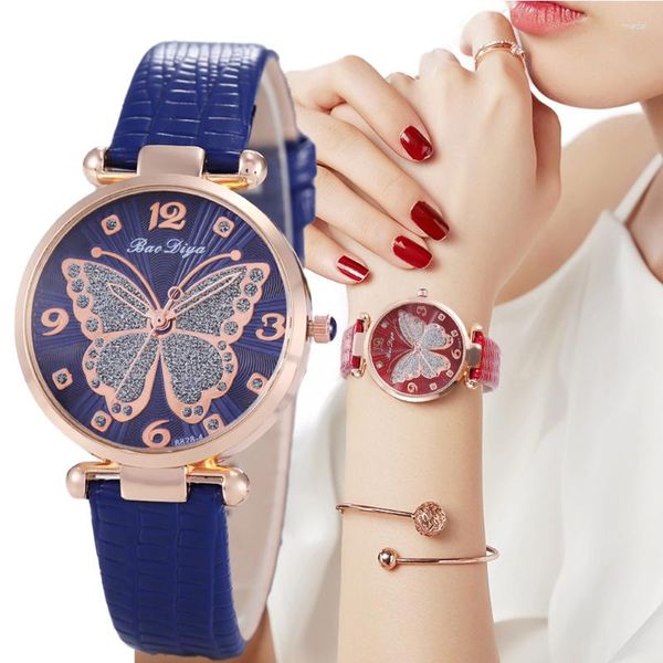 Orologi da polso Butterfly Diamond Dial Design Orologi al quarzo da donna Fashion Casual Ladies Woman Orologio in pelle Montre Femme