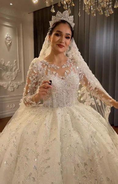 Vestidos de bola de dubai árabe contas cristais de vestido brilhante vestido de niva designer de tule macia quinceanera manga longa vestidos de noiva 403
