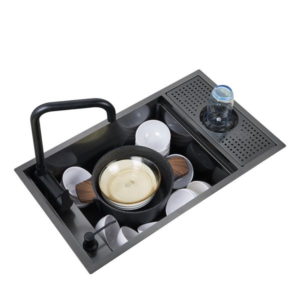 Küchenspüle, Nano-Schwarz, versteckte Küchenspüle, verdickte Spüle aus Edelstahl 304, Einzelschlitz-Hochdruck-Becherwaschbecken