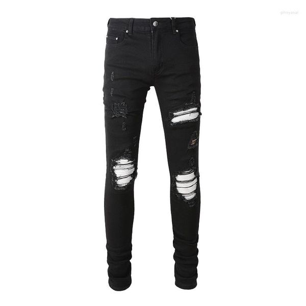 Jeans Masculino Streetwear Moda Preto Skinny Stretch Scratch Danificado Tie Dye Branco Bandana Ribs Patches Slim Fit Calças Rasgadas Homens