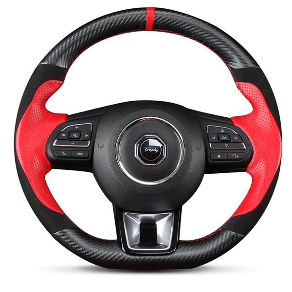 Couro vermelho preto Fibra de carbono preta Faça você mesmo Cobertura de volante de carro para MG MG6 GS MG3 ZS246g