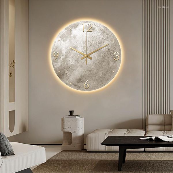 Orologi da parete Orologio minimalista moderno Soggiorno Moon Sandstone Painting Home Fashion Restaurant Ideas LED Light Decoration