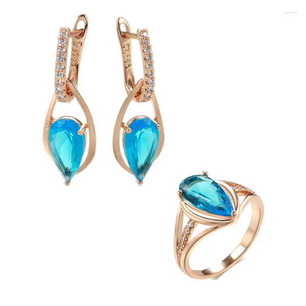 Halskette Ohrringe Set Wbmqda Luxus Blau Natürlicher Zirkon Lange Tropfen Ring Für Frauen 585 Rose Gold Farbe Mode Hochzeit Party feine