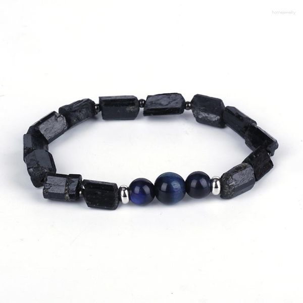 Strand Natutal Turmalina Negra Bruta Azul Escuro Lápis Lazúli Conta de Pedra Charme Unisex Pulseira de Energia de Cura para Homem e Mulher