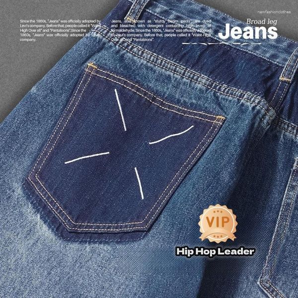 Männer Jeans Hip Hop Leader Y2k Denim Stoff Dünne Männer Lose Gerade Hosen Elastische Kordelzug An Der Taille Vintage Blau Breite Bein Farbe Coll