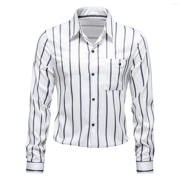 T-shirt da uomo Camicia a maniche lunghe in cotone da uomo Autunno Inverno Camicetta con stampa a righe Top Casual Risvolto leggero Top Tasca con bottoni Camicette corte da uomo