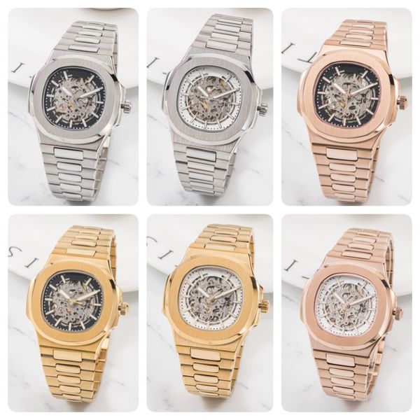 Neue Luxus-Mode-Skelett-Design-Armbanduhr für Herren, Automatikuhr, komplett aus Edelstahl, Saphirglas, wasserdicht, leuchtende Uhr, Gold, Silber, Roségold, mehrfarbig