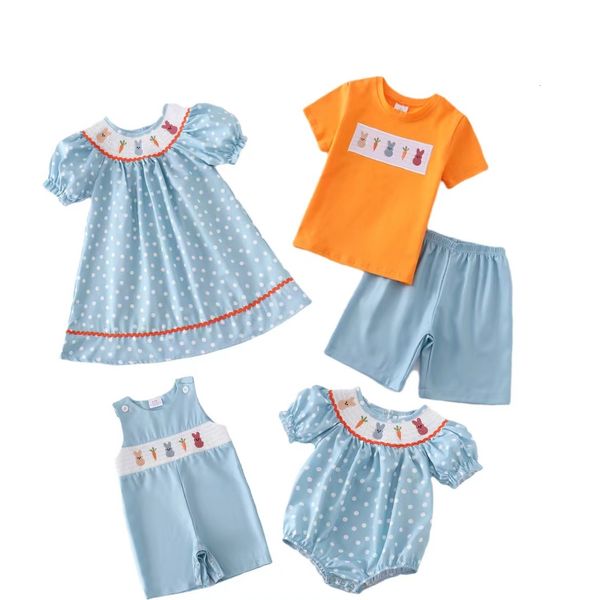 Set di abbigliamento Esclusivo Girlymax Primavera Pasqua Fratellastro Neonate Ragazzi Buny Pantaloncini Set Smockes Abito in tessuto Bunny Polka Dot Pagliaccetto 230728