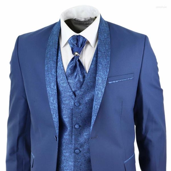 Herrenanzüge Handsome Herren 4-teiliger Hochzeitsanzug Bräutigam Schalkragen Vintage blaue Krawatte Maßgeschneiderte Passform für Männer