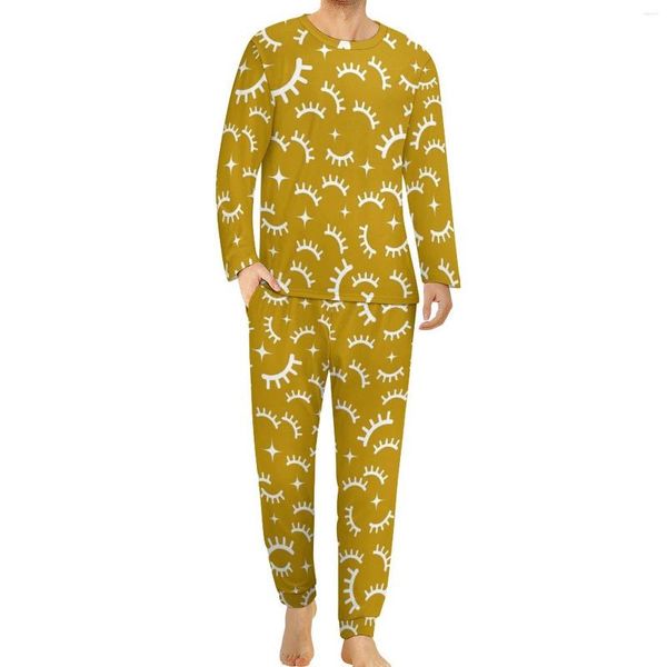 Roupa de dormir masculina com cílios, pijama, desenhos animados diários, olhos fechados, estética, roupa de dormir masculina, duas peças, estampada, manga comprida, conjuntos de pijama superdimensionados fofos