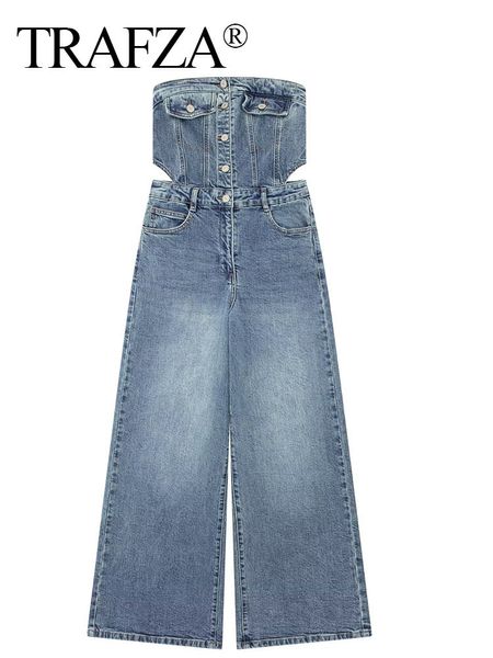 Damen Jumpsuits Strampler TRAFZA Spring Denim Frauen Trägerloser Overall Traf Ärmellos Vintage Solide Rückenfrei Ausgehöhlt Hohe Taille Knöchellänge Weiblich 230728