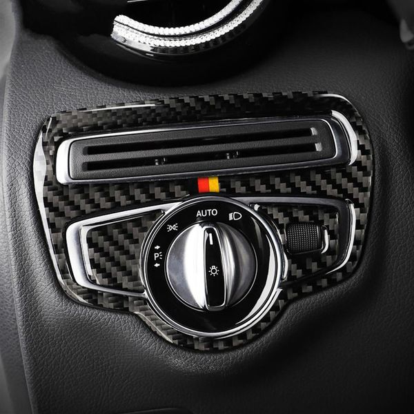 Fibra de carbono Interruptor de farol quadro capa guarnição adesivo estilo do carro para Mercedes C Classe W205 C180 C200 GLC Acessórios2259