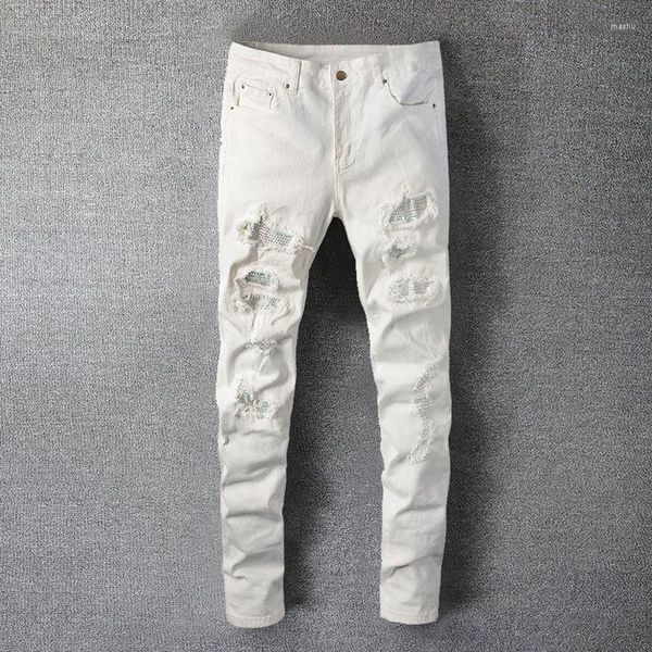 Jeans masculino branco com buracos de cristal rasgado moda magro magro 2023 strass calça jeans elástica com remendo buraco jeans apertado