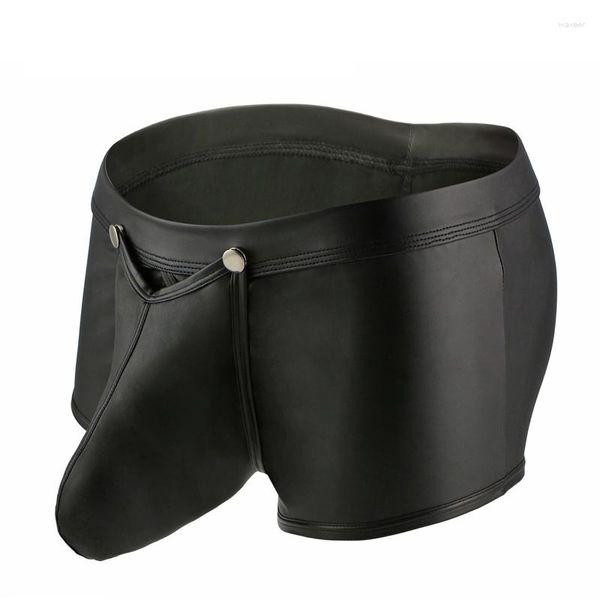 Mutande Intimo gay sexy Uomo Boxer in ecopelle nera Pantaloncini Uomo Fibbia Vita bassa Custodia staccabile