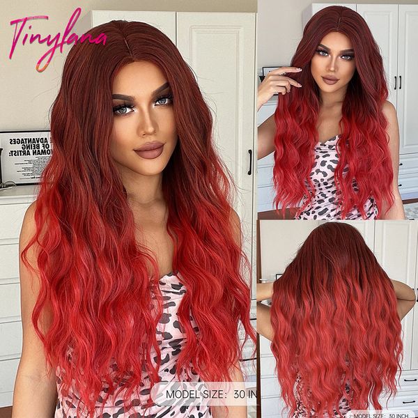 Cosplay Wigs Ombre Red Long Curly Synthetic Wig Burgundy Cosplay Halloween Middle Part Wigs for Women Afro Natural Daily Heat Resistant Hair 230727