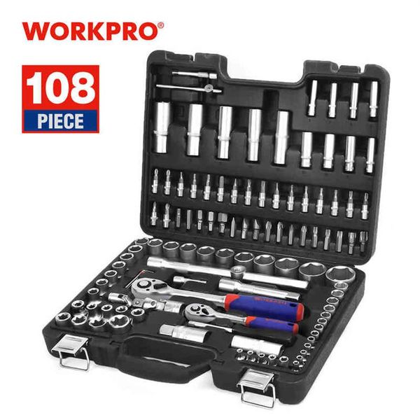 Conjunto de ferramentas WORKPRO 108 PCS para ferramentas de reparo de automóveis Conjunto de ferramentas mecânicas Conjunto de soquetes de chapeamento fosco Conjunto de chaves de catraca H220510285e