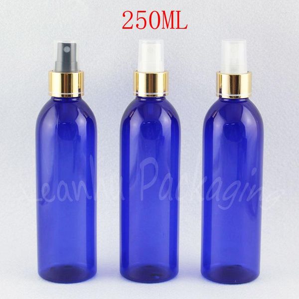 Garrafas de armazenamento 250ML garrafa de plástico de ombro redondo azul com bomba de spray de ouro 250CC recipiente de cosméticos vazio toner/embalagem de água