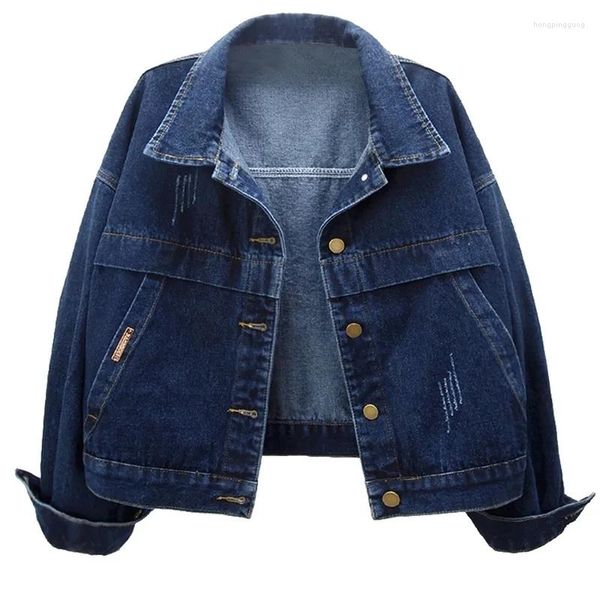 Jaquetas femininas 2023 vintage jaqueta feminina outono jeans manga longa azul jeans casaco gola virada para baixo outwear bomber para