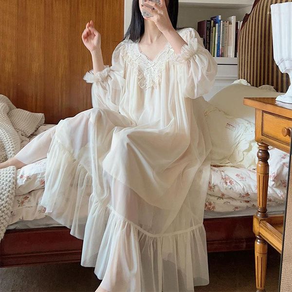 Kadın pijama kayısı renk dantel uzun prenses elbise uyku şeltleri vintage bayan antika tarzı örgü geceleri geceleme