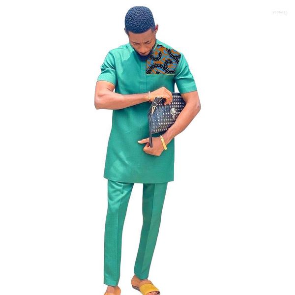 Tute da uomo Lake Blue Set Camicia patchwork con pantaloni solidi Cotone maniche corte Abito da sposo maschile Stampa nigeriana Abiti da sposa africani