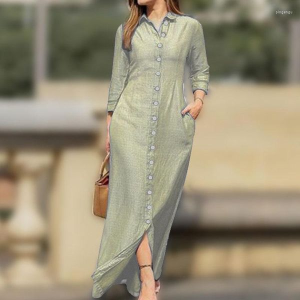 Vestidos Casuais Moda Feminina Camisa de Lapela Seio Único Vestido Primavera Manga Longa Sólida Boho Maxi Vintage Bolso Escritório