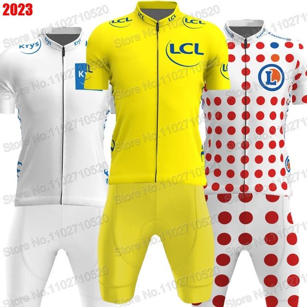 Bisiklet forması setleri fransa tur tdf set erkekler yeşil sarı polka dot kısa giyim yol bisiklet gömlek takım elbise bisiklet önlük şort ropa 230728