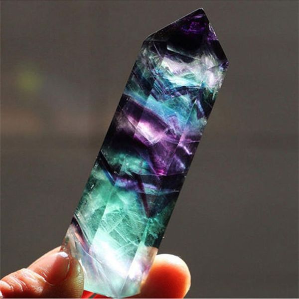 Natürlicher sechseckiger Kristallquarz, heilender Fluorit-Stab, Stein, violett, grün, Gem242A