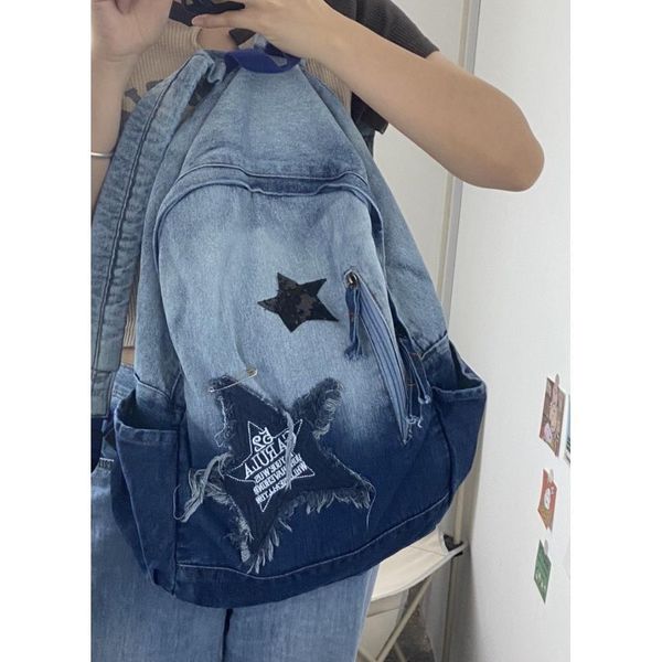 Mochila escolar feminina Y2k estilo coreano denim bolsa escolar para menina padrão estrela adolescente estudante mochila livro bordado mochila 230727
