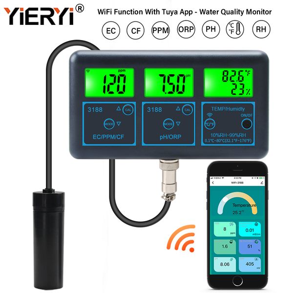 Misuratori PH Yieryi WiFi Tuya Smart Monitor Fish Tank Acquario SPA Piscina Misuratore di qualità dell'acqua online PH ORP EC PPM CF Umidità TEMP Tester ATC 230728