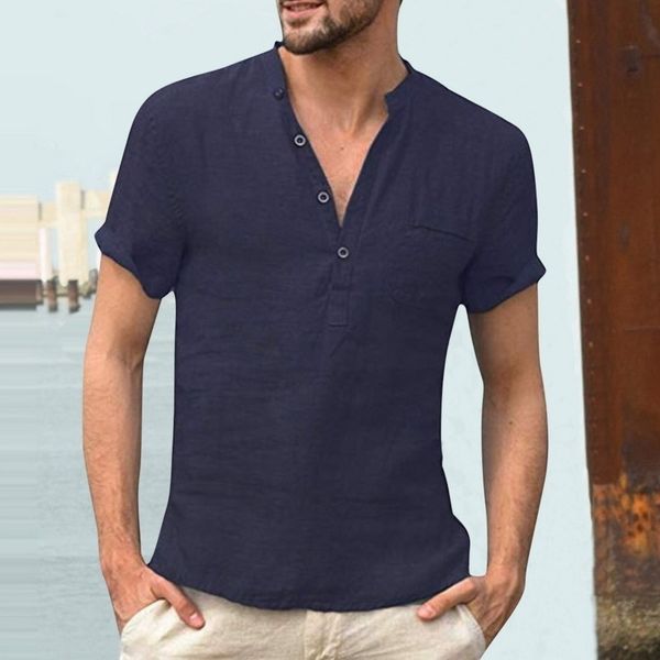 Мужские повседневные рубашки мужская льняная футболка летняя мода к пуговицам v шея с короткими рукавами