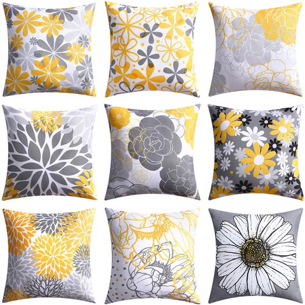 Almofada Decorativa Almofada Nórdica Amarela Cinzenta Flor Fronha Capa de Almofada Estampada Dupla Face para Sofá Sala de Estar Capas de Escritório 45cm Decoração de Casa 230727