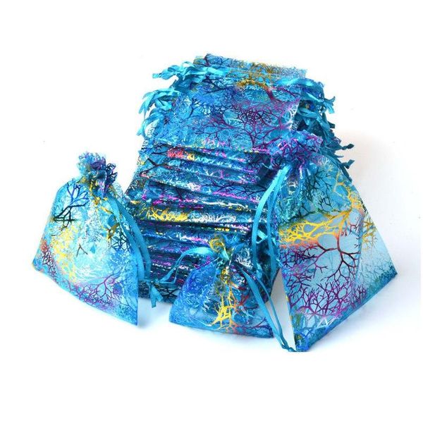 Bolsas para joias Bolsas azuis coralinas Organza Dstring Embalagem Bolsas para festas Doces Lembranças de casamento Design de presente transparente com dourado Patt Dhysj