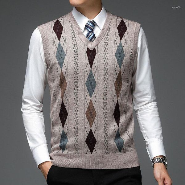 Coletes masculinos 2023 xadrez edição coreana suéter de malha com decote em V colete masculino sem mangas roupas casuais