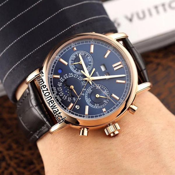 Новый 5204R-014 Автоматические мужские мужские часы для луны Сложный розовый золото синий циферблат вечный календарь часы черные кожаные часы TimeZoneWat246K