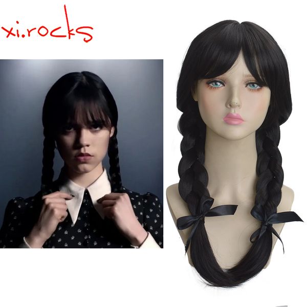 Parrucche Cosplay 3622L Xi.Rocks Addams Mercoledì Trecce lunghe nere Capelli Cosplay Parrucca sintetica resistente al calore Gioco di ruolo per feste di Halloween 230727