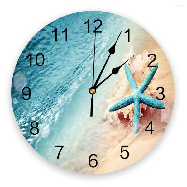 Orologi da parete Spiaggia Mare Tema estivo Stella marina Blu Grande orologio da pranzo Ristorante Cafe Decor Rotondo Silenzioso Decorazione domestica