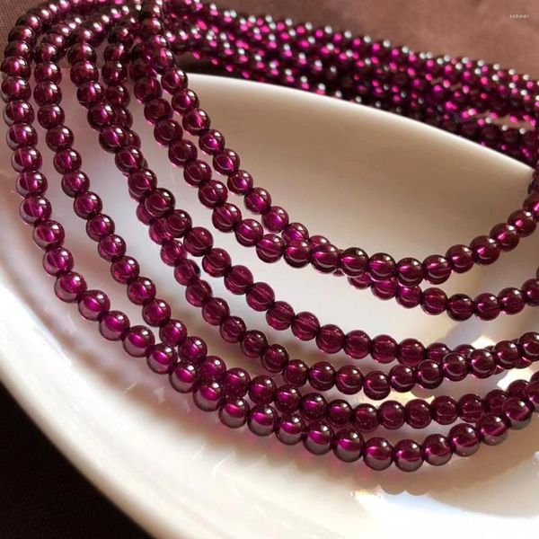 Pulseira de granada natural roxa com 3 voltas, joias femininas, masculinas, 3,8 mm, contas redondas cristalinas, pedra de cura