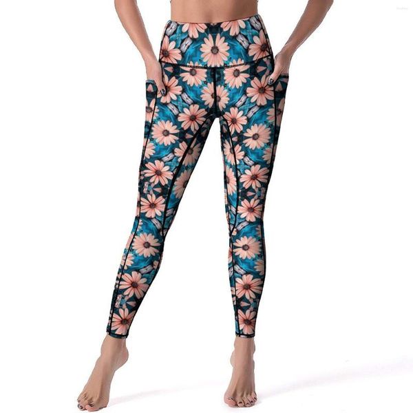 Aktif Pantolon Kahverengi Daisy Taytlar Retro Çiçek Baskı Push Yukarı Yoga Stretch Taciz Tasarım Fitness Spor Taytları