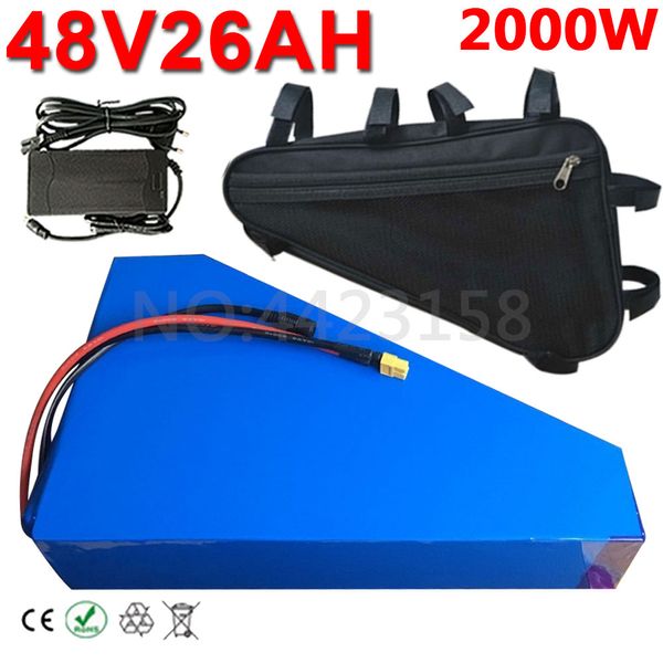 Bateria de lítio para bicicletas elétricas, usada para triangular 52V 48V 36V 24V 18AH 20AH 22AH 25ah 30Ah 35Ah 40Ah 50ah 2000W 1500W 1000W 1800W.