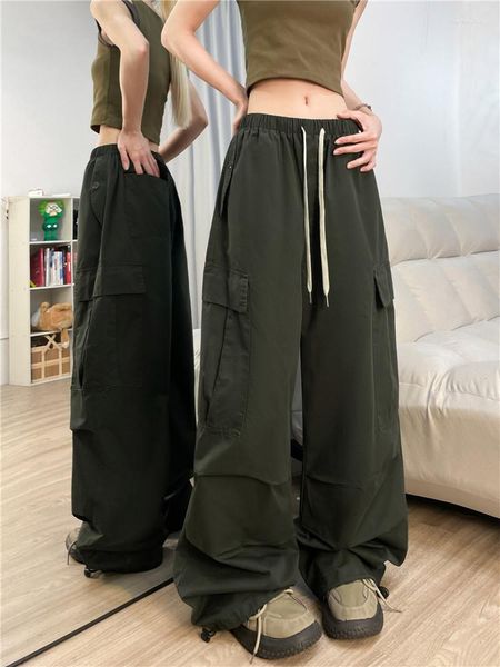 Calças femininas de algodão cintura elástica cargo roupas femininas streetwear hip hop dança macacão de perna larga masculino casual calças verdes do exército Y2K XL