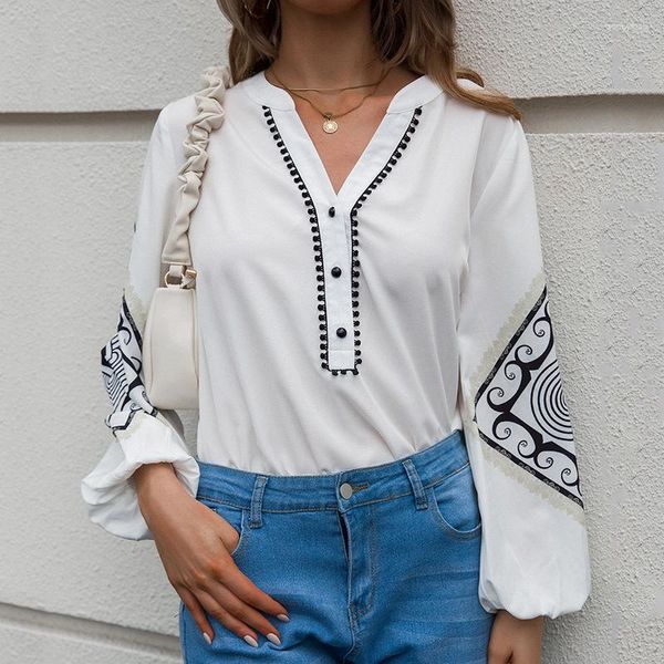 Damenblusen Frauen Chic Ol White Top 2023 Frühling Sommer V-Ausschnitt Langarm Geometrisch bedruckte Knopfhemden Elegantes lockeres Hemd