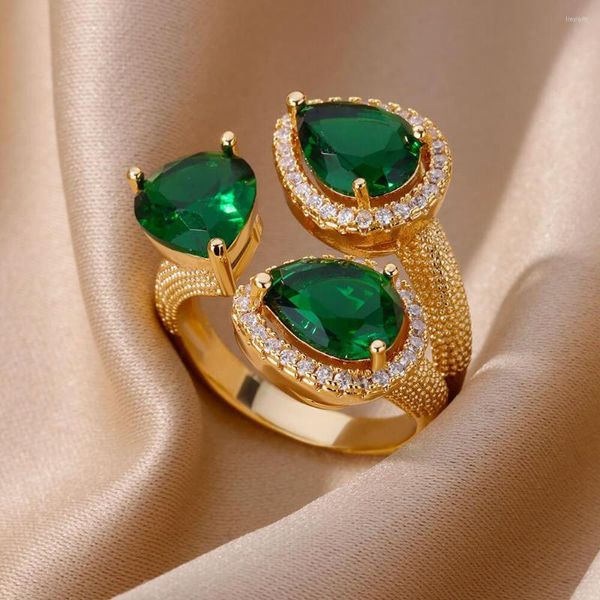 Fedi nuziali Cocktail di pietra verde con taglio a pera di lusso per le donne Cinturini in zircone con goccia d'acqua color oro argento Gioielli per feste regolabili