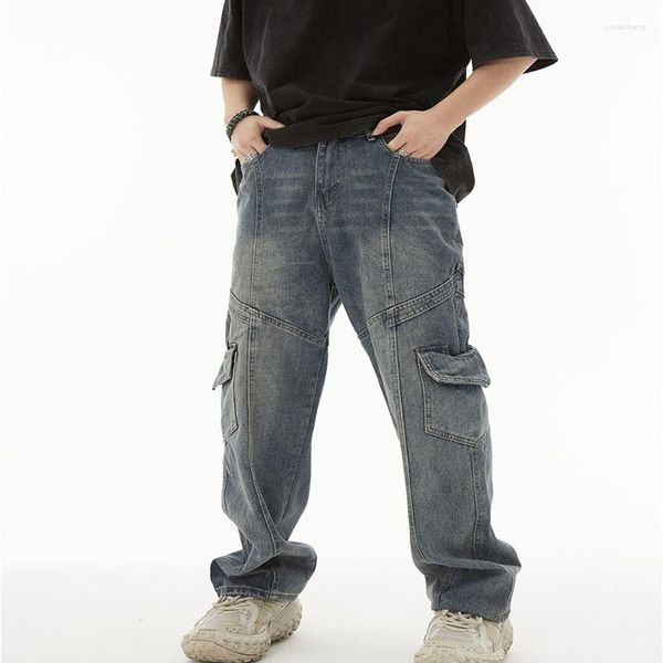 Erkek kot caddesi hip hop gevşek yan cep kargo denim pantolon yüksek bel sıkıntılı geniş bacak erkek için