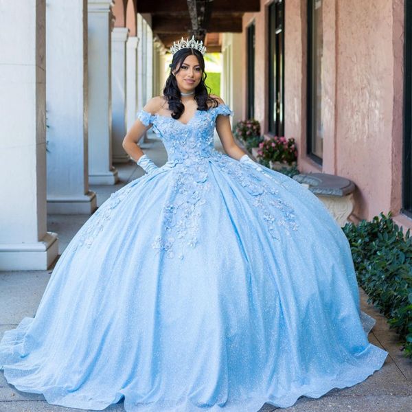 Himmelblaues, glitzerndes Ballkleid für Quinceanera-Kleider mit 3D-Blumenapplikationen, schulterfrei, Kleid für die 15./16. Geburtstagsparty