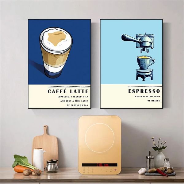 Tela Pittura Caffè Espresso Cioccolata calda Bevande Macchina da caffè retrò Poster e stampe Wall Art Immagini a parete per bar Cucina Negozio Decor w06