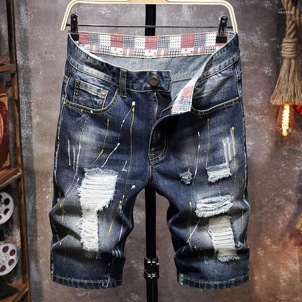 Jeans da uomo 2023 Pantalone medio in denim strappato Panno toppa dritto Pantaloncini a cinque punte taglie forti