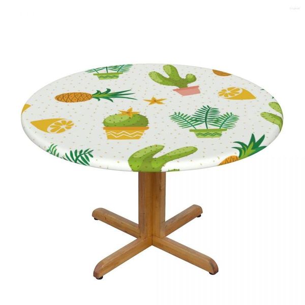 Tischdecke, runde Abdeckung für Esszimmer, elastische Tischdecke, Aquarell-Kaktus mit Früchten, El-Dekoration