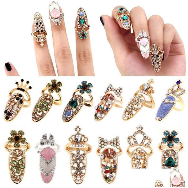 Decorazioni per nail art Bowknot Anello Fascino Corona Fiore Anelli di barretta di cristallo per le donne Lady Strass Unghia Protettiva Moda Je Dhb8J