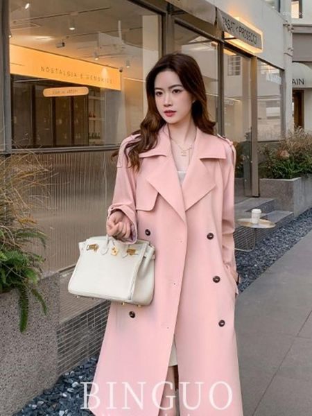 Trench da donna Autunno Cappotto doppiopetto Donna Elegante rosa coreano Streetwear Giacca a vento lunga Abbigliamento da lavoro da donna con cintura